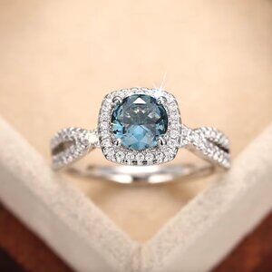 NEW 14k White Gold Blue Topaz Diamond Ring Round Cut Halo Ring